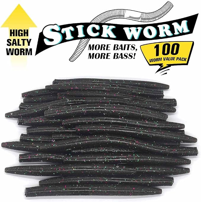 Wacky Worms Soft Plastic for Bass Fishing Lures–100 Pack 4" & 5" Stick Baits Wacky, Texas, Neko & Drop Shot Rigs–Bulk Soft Lure