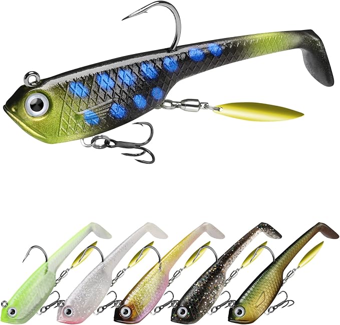 GOTOUR Pre-Rigged Soft Fishing Lures with Weedless Hook, Lifelike Paddle Tail Swimbaits for Bass Fishing, Freshwater & Saltwater Fishing Bait, Fishing Tackle for Bass, Pike, Trout, and Walleye
