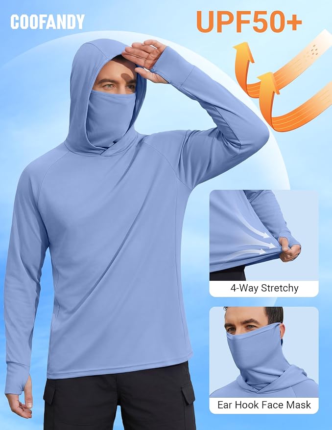 COOFANDY Mens UPF 50+ Sun Protection Hoodie with Mask Lightweight Long Sleeve SPF Fishing Shirts UV Hiking Running Rash Guard