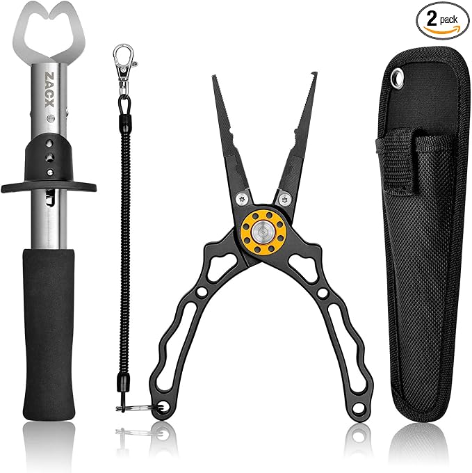 ZACX Fish Lip Gripper Pliers - Upgraded Muti-Function Hook Remover and Split Ring Pliers for Fly Fishing, Ice Fishing, Fishing Gear - Gift for Men (Package B)