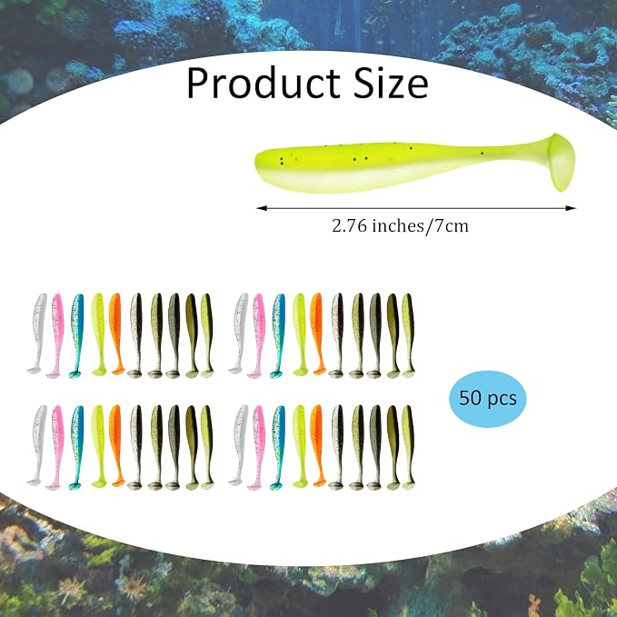 50 Pcs Soft Plastic Baits Paddle Tail Swim Baits Fishing Lures Glide Bait Paddle Tail Swimbaits Lures Bass Fishing Bait Pre-Rigged Jig Head Soft Fishing Lures Kit Trout for Saltwater Freshwater