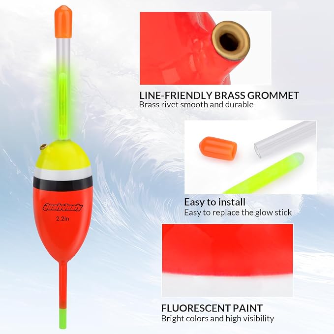 QualyQualy Lighted Fishing Slip Bobber 4-5Pcs Wood/EVA Fish Float + 8-10Pcs Glow Sticks, Night Fishing Light Up Slip Bobber for Crappie Bass Panfish Catfish Walleye