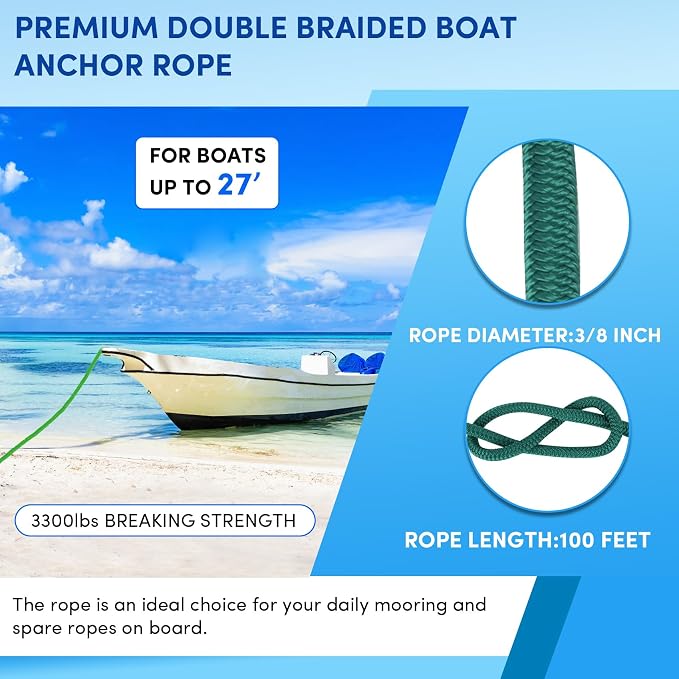 Boat Anchor Rope 100 ft x 3/8 inch Forest Green, Double Braided Anchor Line with Stainless Steel Thimble & Shackle, Marine Rope Ideal for Towing,Mooring,Decks,Anchoring,for Boats Up to 27'