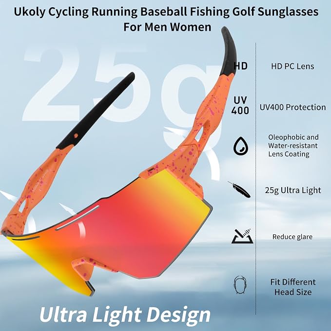Ukoly Cycling Sunglasses for Men Women with 3 Interchangeable Lenses, Polarized Sports Sunglasses, Baseball Sunglasses