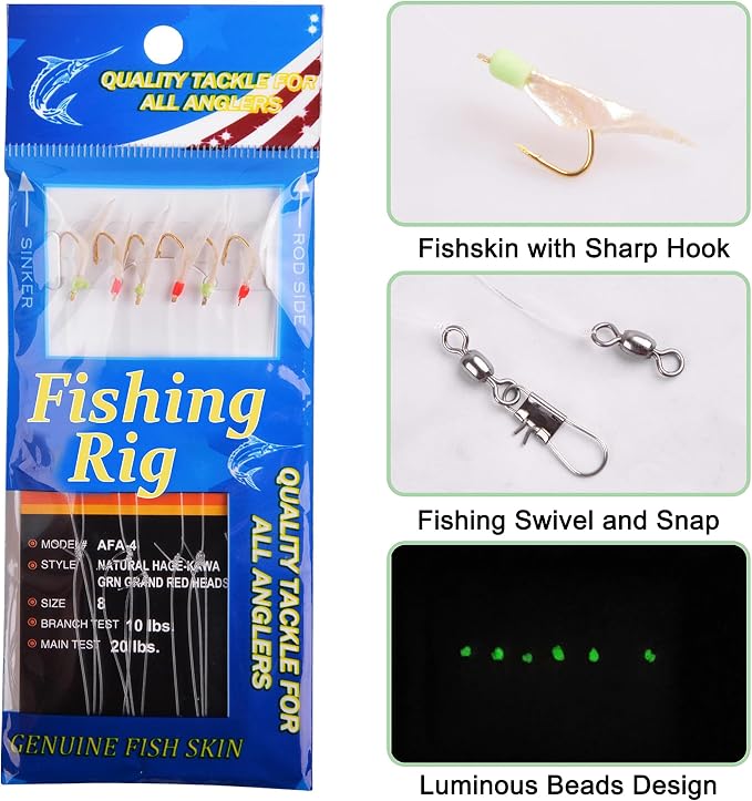 OROOTL Fishing Bait Rigs Saltwater, 6 Packs Surf Fishing Rigs with Sharp Hooks Fish Skin Feather Swivel Snap Glow Saltwater Lures Sea Bass Cod Herring Hook Rig Size 4 6 8