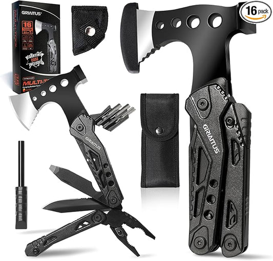 16 in 1 Multitool Survival Gear for Camping & Hiking, Multi Tool with Axe, Hammer, Pliers, Saw, Screwdrivers & Whistle, Camping Accessories and Gifts for Men Dad Husband