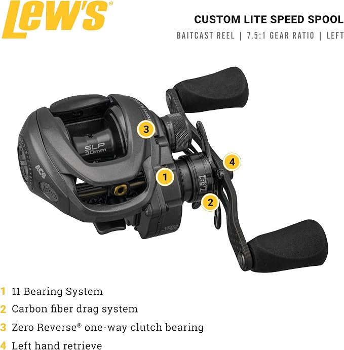 Lew's Custom Lite SS Baitcast Fishing Reel, 10+1 Double Shielded Bearings, Super Shallow 30 mm Spool, Tanso Tech Frame, Carbon Fiber Drag, Carbon Gray
