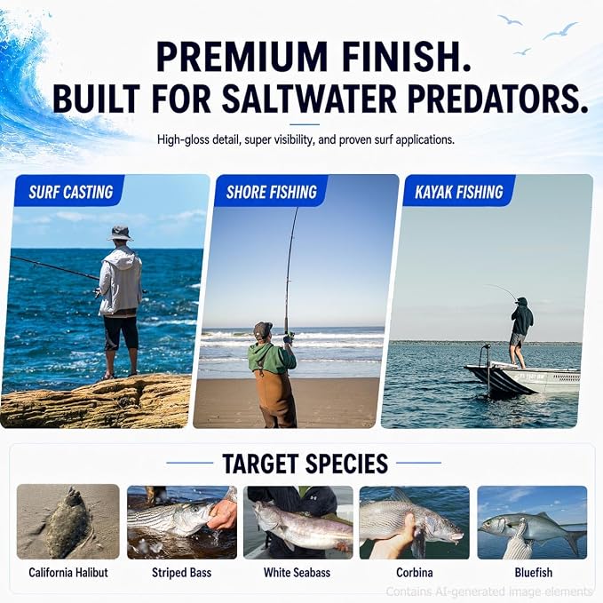 LITTMA California Surf Fishing Lures Saltwater Jerkbait Crankbait Surf Minnow 110/125 - Metallic Sardine Super Glow & Pearl Pink Belly Glow Lures for Halibut & Striper Fishing