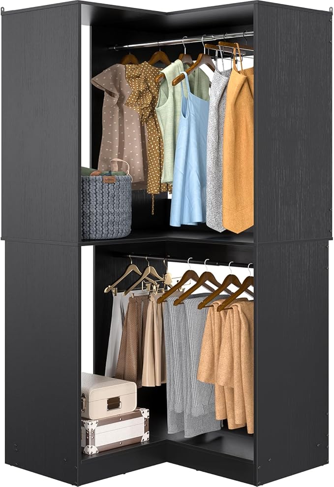 Armocity Corner Closet System, 32 Inches Wide Wood Corner Unit with 2 Hanging Rods and All Hardware Kits, 3-Tier 80'' Height Corner Wood Closet Tower, Black