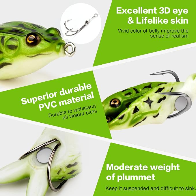 Topwater Frog Lure Bass Trout Fishing Lures Kit Set Realistic Prop Frog Soft Swimbait Floating Bait with Weedless Hooks for Freshwater Saltwater