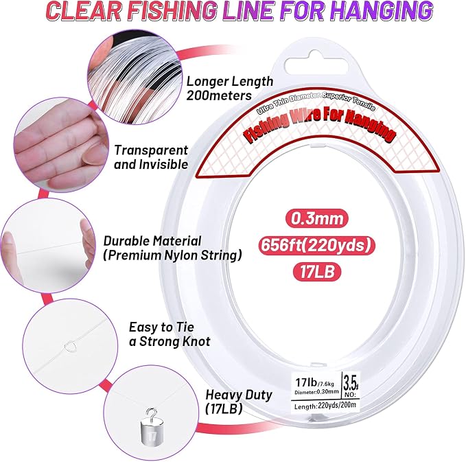 Clear Fishing Wire, Acejoz 656FT Fishing Line Clear Invisible Hanging Wire Strong Nylon String Supports 40 Pounds for Balloon Garland Hanging Decorations