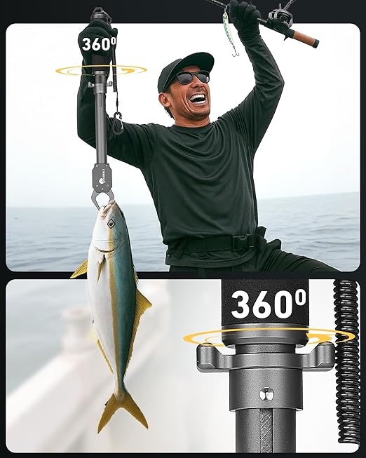 GOLDEN J 16" Fish Lip Gripper - Heavy-Duty & Saltwater Proof, Aircraft-Grade Aluminum Alloy, 60LB Capacity, Non-Slip 360° TPR Swivel Handle & Anti-Escape Push Rod, for Surf, Ice, Fresh/Saltwater