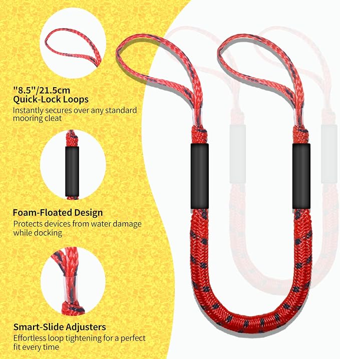 2-Pack Bungee Dock Lines for Boats with Loops, Boat Tie Downs for Docking, Adjustable Boat Mooring Rope for Pontoon, Jon Boat & PWC (Red & Black, 4 FT)