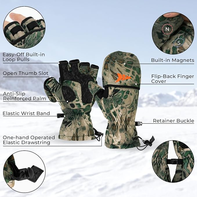 KastKing PolarBlast Convertible Ice Fishing Gloves Cold Weather Mittens and Fingerless Gloves with 3M Thinsulate Ideal for Ice Fishing, Photography