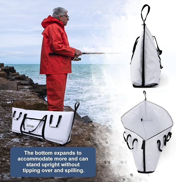 Goture Insulated Fish Cooler Bag, 500D PVC Leakproof Fishing Kill Bag, Portable Waterproof Fish Bags with Carry Handle and Strap, Large Fishing Cooler Bags with Drain Plug, 59.84”x 20.08”x 9.06”