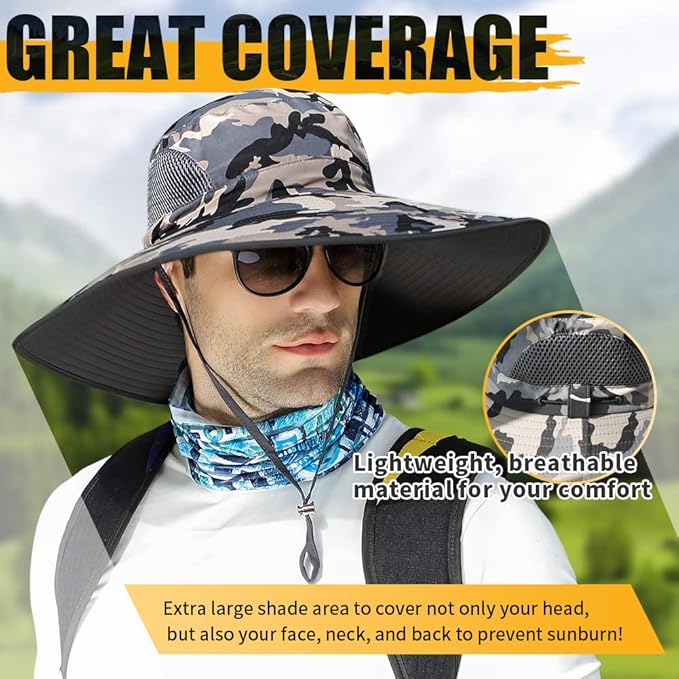 【Oversize XXL&Wide Brim】 Sun Hats for Men, 【UPF50+Waterproof】 Fishing-Hat Boonie Bucket for Hiking Safari Beach Garden