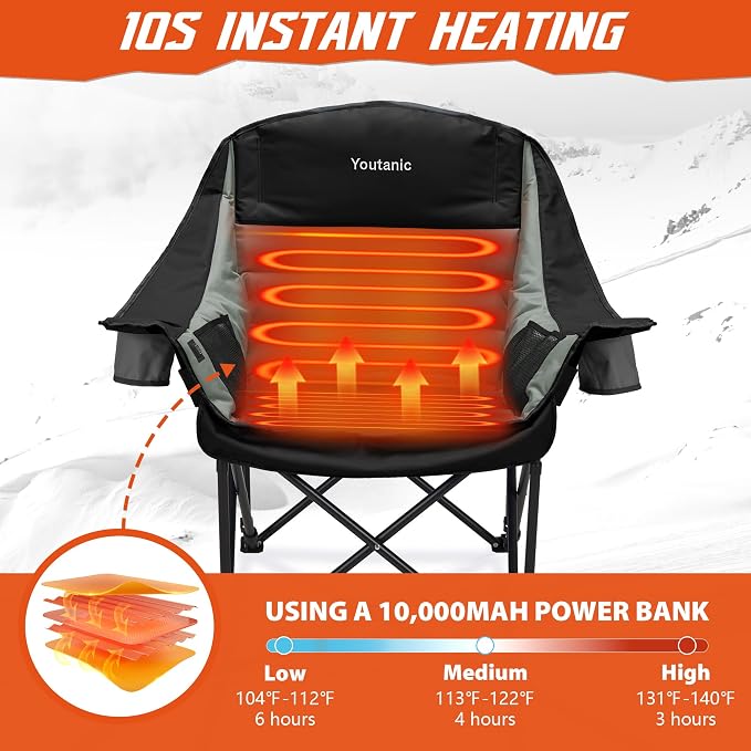 Youtanic Oversized Extra Large Heated Padded Camping Chair up to 500lbs, 3 Heat Levels Camp Chair with Carry Bag, Outdoor Heating Folding Chairs for Adults, Fishing, Sports, Picnic, Black-Gray