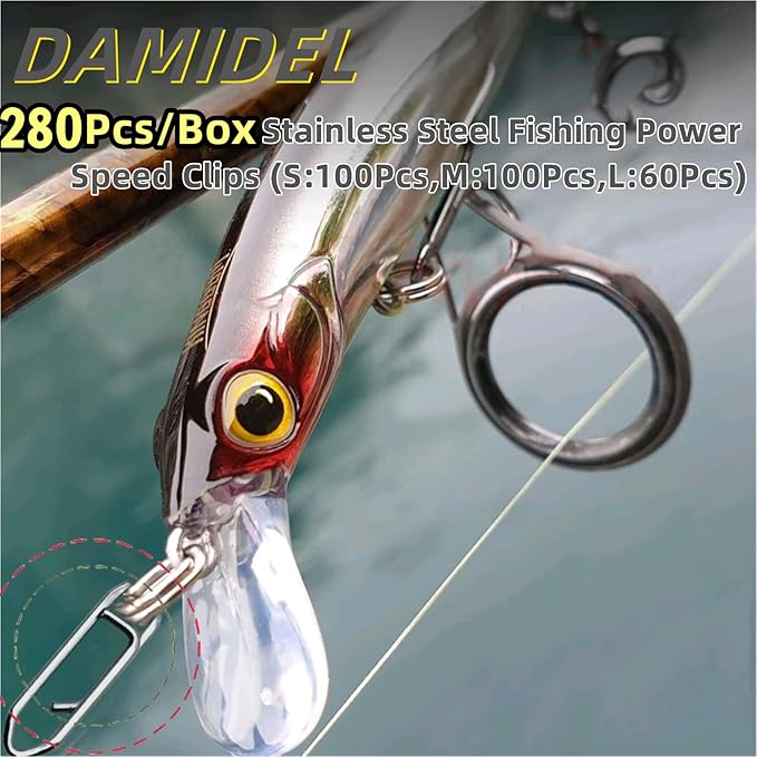 280Pcs/Box Stainless Steel Fishing Power Speed Clips (SS:100Pcs,S:100Pcs,M:60Pcs,L:20Pcs) High Strength Fishing Connector Swivels Snaps for Quick Change Lure Tackle Saltwater Freshwater