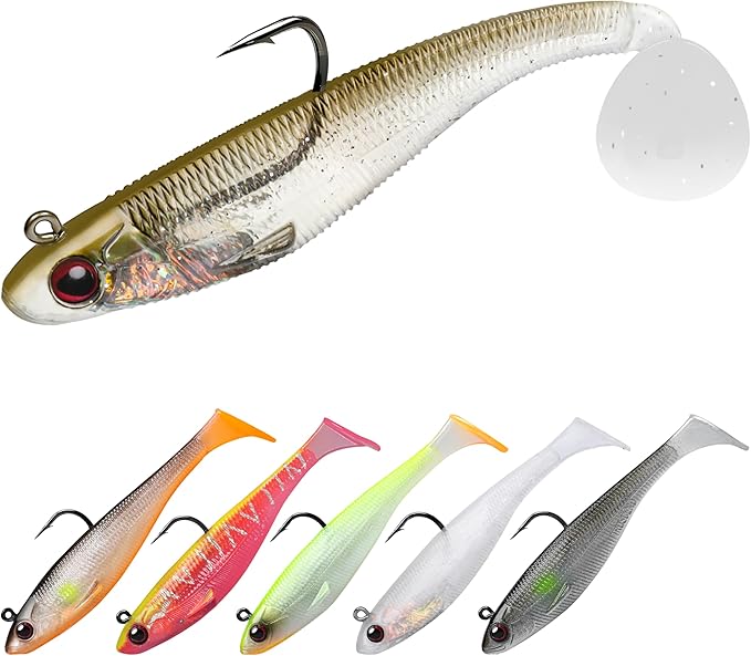 TRUSCEND Shadtale Easy Catch Soft Fishing Lures with BKK Hooks - Trembly Sinking and Vibrating Swim for More Bites, Pre-Rigged Swimbaits for Bass, Trout, Crappie, Walleye, Freshwater Saltwater Fishing