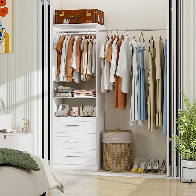 Closet Organizer System with 3 Drawers, Walk in Closet for Closet System, Modular Closet System for Small Spaces with Adjustable Hanging Rods,for Bedroom, Dorm Rooms or Apartment Living(2FT)