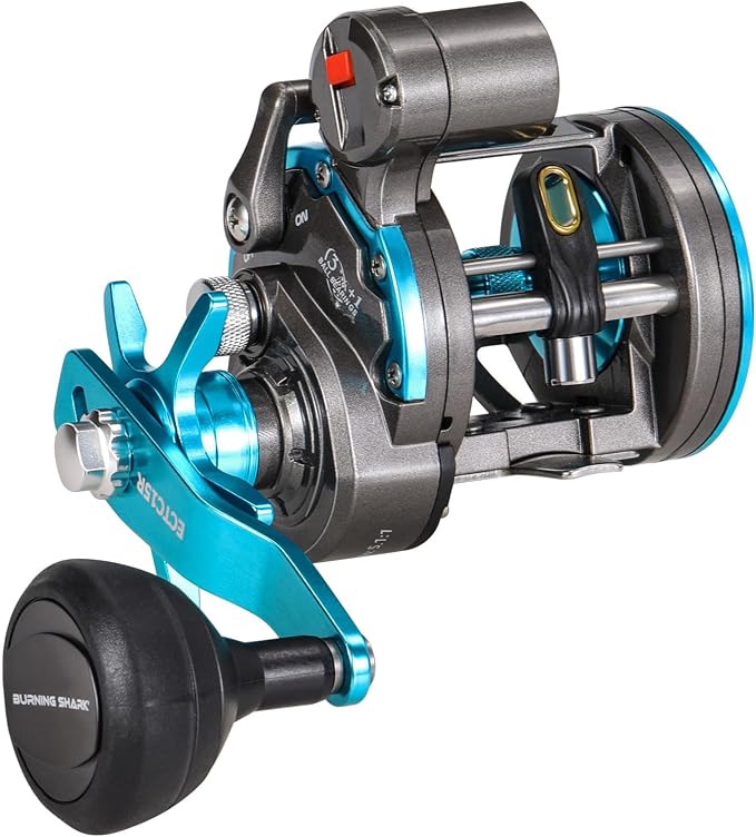 Burning Shark Baitcasting Fishing Reel, Smooth Powerful Round Baitcaster Reel, Saltwater Inshore Surf Trolling Reel, Conventional Reel for Catfish, Musky, Bass, Pike