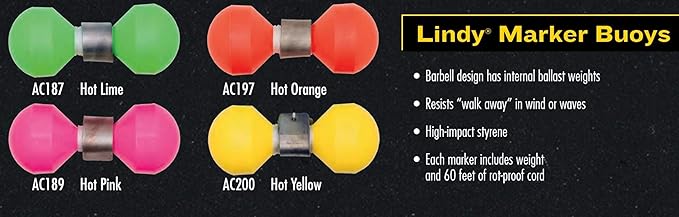 Lindy Marker Buoy for Fishing - Internal Ballast Weights and 60 ft of Rot-Proof Cord