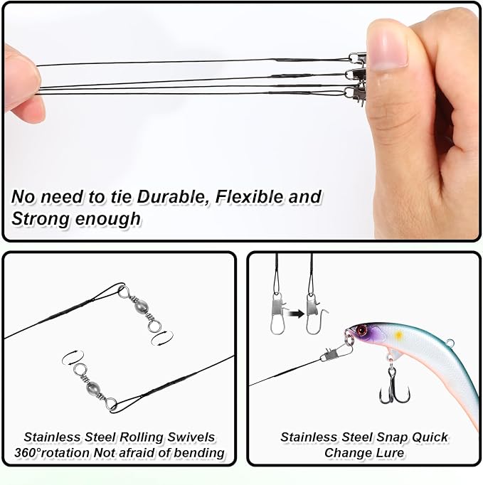 50 Pcs Fishing Leaders, Steel Wire Leaders with Swivels and Snap Connectors, High Strength Anti-Bite Wire Leader Line Kit for Saltwater Freshwater, 4/6/8/10/12 Inch Fishing Gear Equipment (Black)