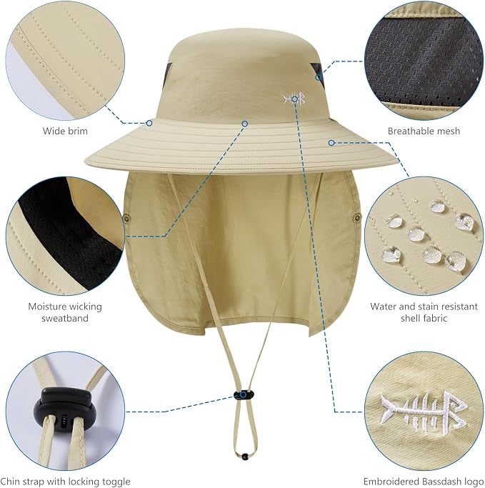 BASSDASH UPF 50+ Breathable Sun Hat with Removable Face Cover and Neck Flap Wide Brim Bucket Hat for Fishing Hiking Men Women