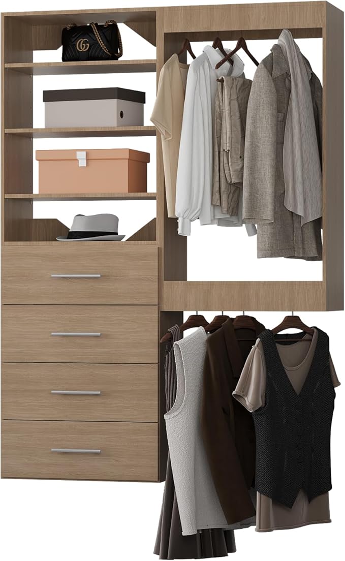 ROOMTEC Modular Closet System, 64" Wall-Mounted Closet Organizer with Drawers and Hanging Rods, Wooden Tower for Walk-In Closets, Wardrobe Storage Kit, Wood