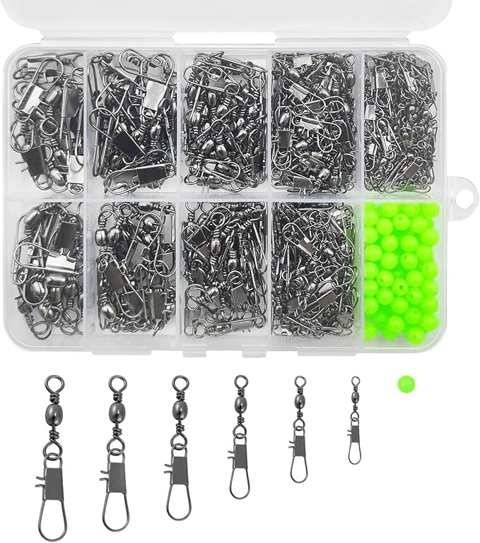Drchoer Fishing Barrel Swivels with Snap Kit: 350pcs/box Interlock Snap Swivel Size 2# 4# 6# 8# 10# 12# and Beads Set for Saltwater Freshwater Fishing Line Hook Connector