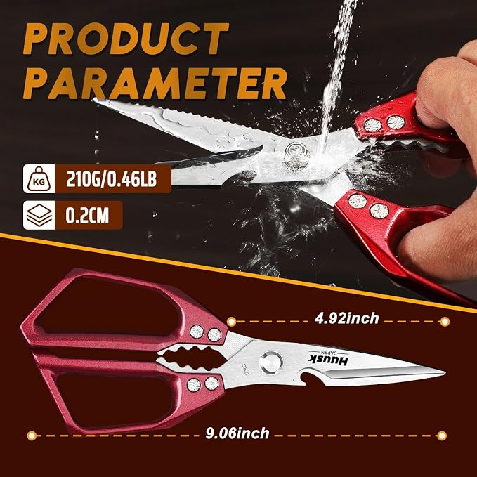 HUUSK Kitchen Scissors for Food - Stainless Steel Kitchen Shears, Sharp Red Meat Scissors Dishwasher Safe, Heavy Duty Poultry Shears, Japanese Cooking Scissor for Chicken, Christmas Gift for Men Women