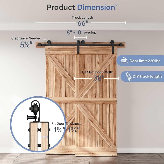 EaseLife 5.5FT Bypass Double Sliding Barn Door Hardware Kit,Single Track, Slide Smoothly Quietly, Easy Install， (5.5FT Track Kit for Double 38" Wide Door)