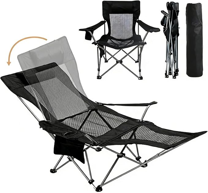 Zero Gravity Chair Reclining Folding Chair with Removable Footrest and Pillow & Cup Holder, Adjustable Outdoor Oxford Fabric Lounge Recliner for Camping, Beach, Garden, Patio, Black Mesh