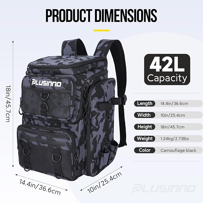 PLUSINNO Fishing Tackle Backpack with Rod Holders，42L Water-resistant Fishing Bag Store Fishing Gear, Fisher Gifts For Men.