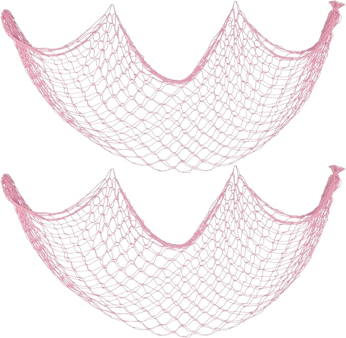 2 Pack Decor Fish Net for Party, 5x10 ft Large Pink Decorative Fishing Net for Mermaid, Ocean, Beach, Under The Sea Themed Parties, Hanging Plush Toys, Picture Display, Tables Runner & Balloon Stand