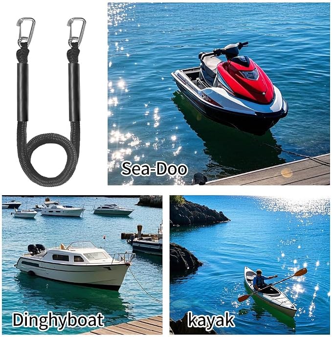 Bungee Boat Dock Line, Boat Rope with Double 316 Stainless Steel Clips Accessories for Bass Boat, Kayak, Pontoon, Watercraft, Waverunner, SeaDoo, Canoe,2Packs,4-6FT,Black