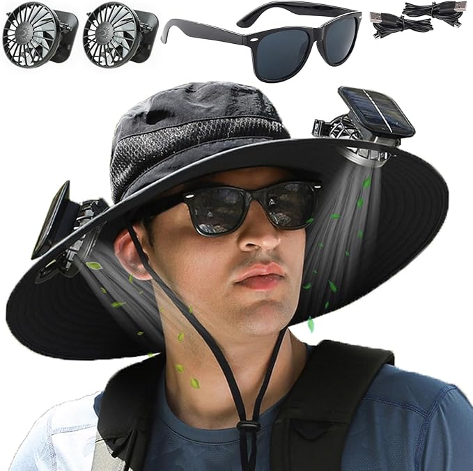 Fishing Hats with Sunglasses, Wide Brim Sun Hat with 2 Solar Fan, USB & Solar Powered Fishing Hats, Solar Fan Hats UPF 50+