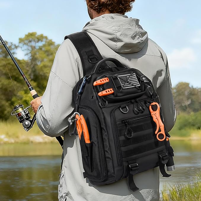 18L Fishing Sling Bag with Removable Lure Wraps and Rod & Beverage Holder, Tackle Bag for Fishing Gear