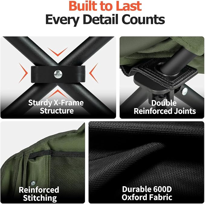 Overmont Oversized XL Camping Chair for Adults - 500lbs Support Heavy-Duty Padded Folding Chair with Side Pocket Cup Holder Cooling Bag for Outdoor Sports Garden Beach Fishing Lawn Green 2pcs