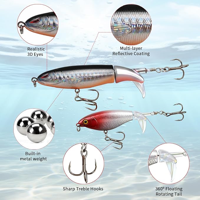 8PCS Fishing Lure Whopper Set, Top Water Plopper Bait for Bass, Popper Lures for Freshwater& Saltwater with Floating Rotating Tail and Sharp Barb Treble Hooks