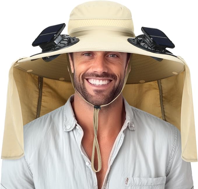 Chuarry Wide Brim Sun Hat with 2 Solar Fans and Neck Flap Outdoor Solar Powered USB Charging Bucket Fishing Hat for Men Women