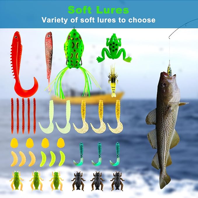 GOANDO Fishing Lures Kit for Freshwater Bait Tackle Kit for Bass Trout Salmon Fishing Accessories Tackle Box Including Spoon Lures Soft Plastic Worms Fishing Gifts