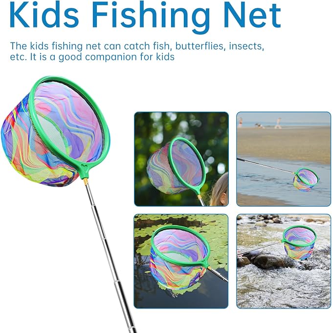 2PCS Fishing Net with Bucket, Telescopic Fishing Landing Net, Collapsible Youth Sand Bucket, Youth Fish Butterfly Catching for Freshwater Saltwater Outdoor Activities