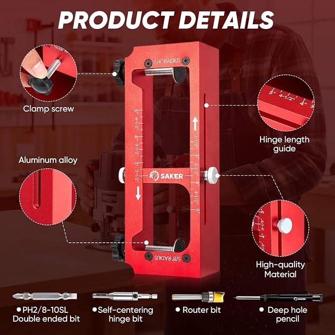 Saker Door Hinge Jig and Deep Hole Pencil Set,Aluminum Alloy Doors Hinges Router Jig,Adjustable Doors Jamb Hinge Jigs,Fits Door Hinges from 2.5" to 5" Length and Thicknesses,Radius 1/4” or Radius 5/8”