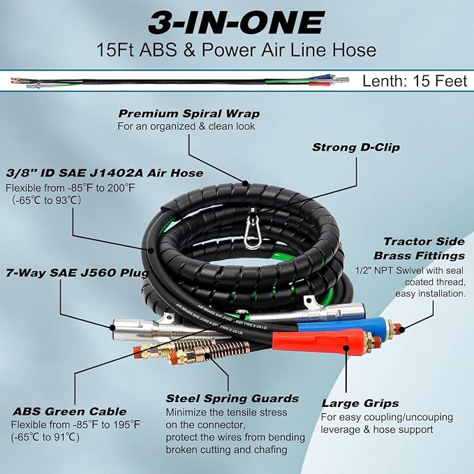KOOTANS 15FT Semi Truck Air Line Kit 3 in 1 ABS 7 Way Electrical Cable Cord and Air Brake Hoses with Glad Hands and Gladhand Handles Air Lines Set for Semi Truck Trailer Tractor