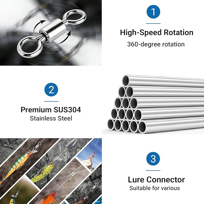 QISHUO High Strength Fishing Swivel Saltwater Heavy Duty Barrel Swivel Snap Stainless Steel Swivels Fishing Connect SUS304