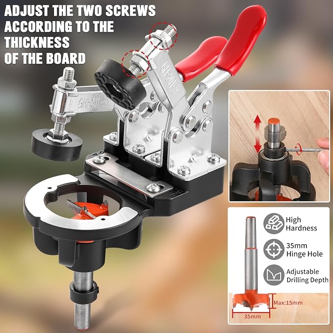 35mm Concealed Hinge Jig, Aluminum Alloy Cabinet Hinge Jig with 2 Quick Clamp, Adjustable Quick Punch Cabinet Hardware for Woodworking Cabinet Door Hinges Mounting Tool