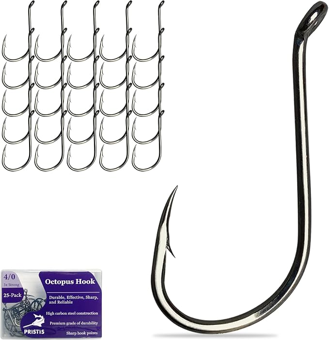 Pristis 25 Pack High Carbon Steel Fishing Hooks, Reinforced EWG Circle Octopus Round Bend 60 Degree Wide Gap Strong Barbed Worm Fish Hook Jig Bait Rig for Saltwater Freshwater Bass Tuna Walleye Trout