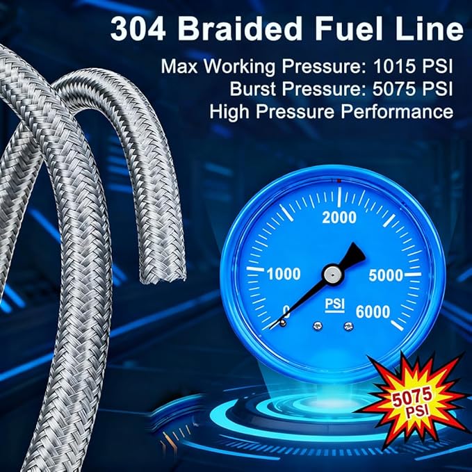 8AN Stainless Steel Braided Fuel Line Hose - 1015 PSI Working Pressure & 5075 PSI Burst Compatible with Oil, Fuel, Transmission Cooler, Hydraulic Lines - 10ft Length
