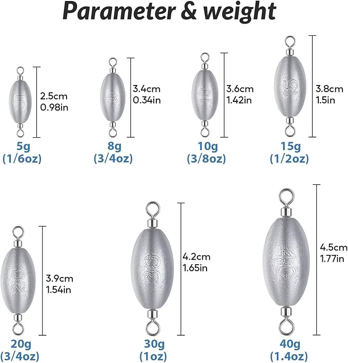 THKFISH Fishing Weights Inline Weights Trolling Sinkers Swivel Weights Quick Set Up Lead Fishing Sinker with Inner Swivel